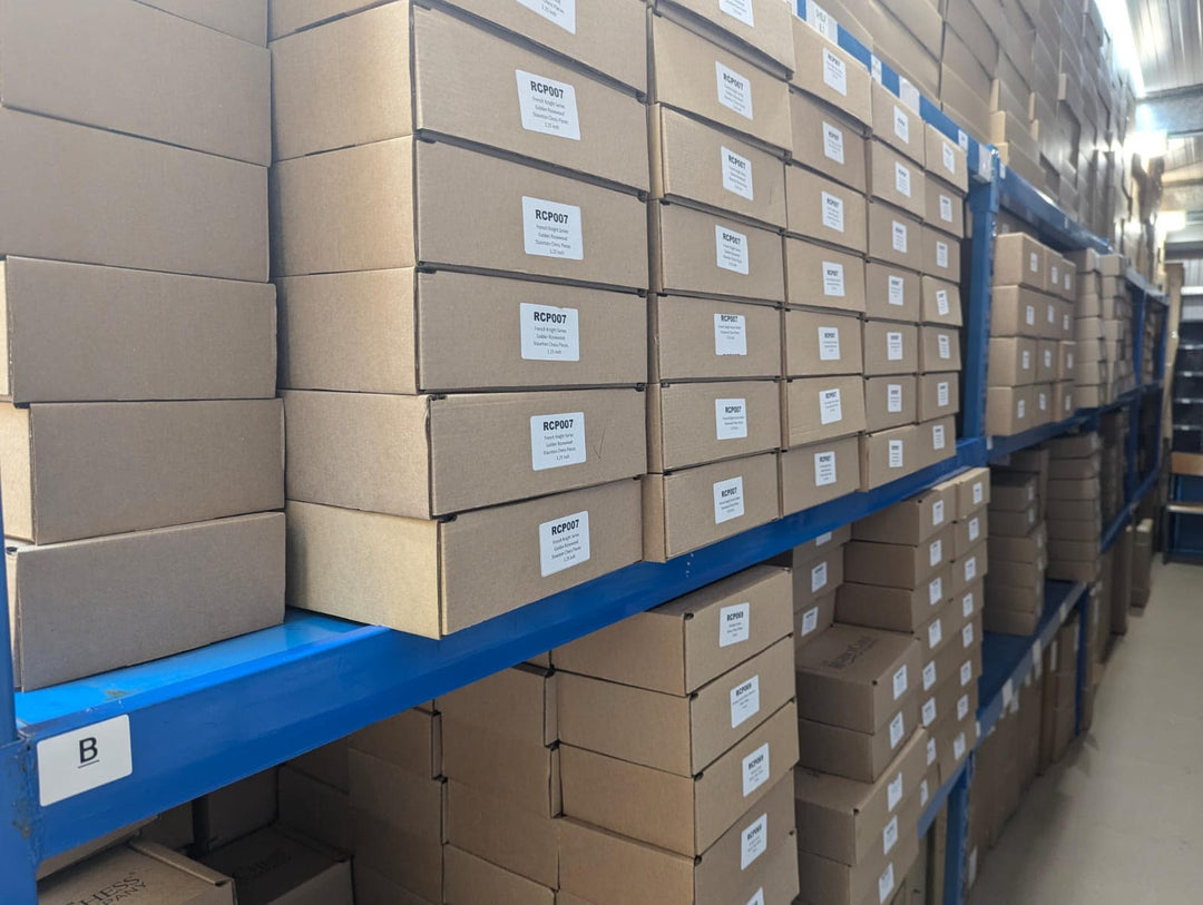 One of the shelves in our UK warehouse, stock is ready to ship