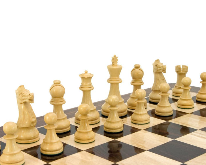 Ebonised boxwood chess pieces from Frankfurt Series arranged on a 23-inch chess board