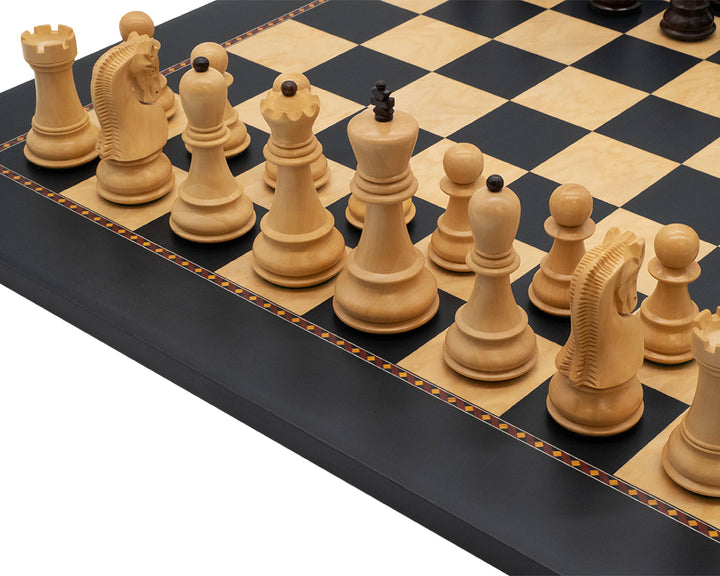 The Queens Gambit chess set with solid rosewood chessmen on a 19.7 inch board with contrasting decor and weighted pieces.