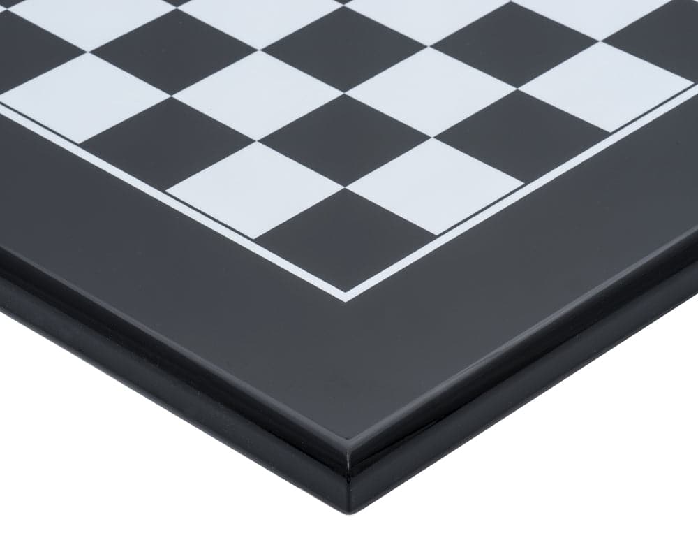 Close-up of luxurious 19.7 inch black and white inlaid chessboard by Italfama, showcasing elegant lacquered wood finish.