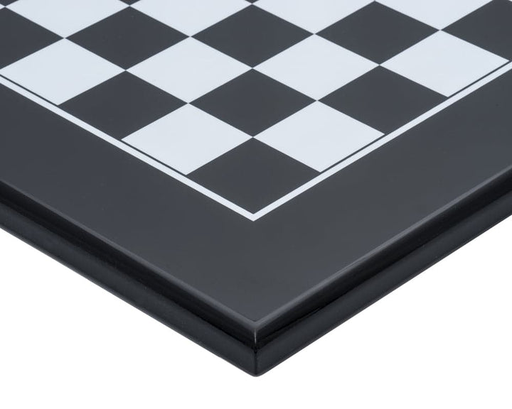 Close-up of luxurious 19.7 inch black and white inlaid chessboard by Italfama, showcasing elegant lacquered wood finish.