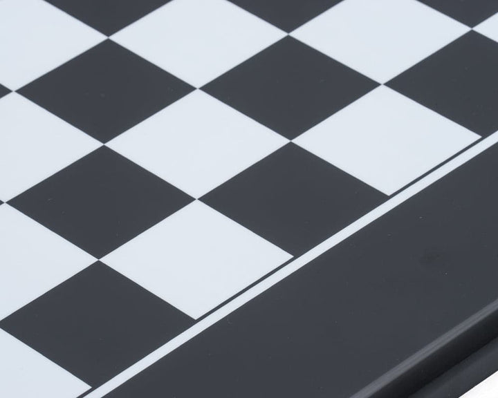 Close-up of 19.7 inch Black and White Inlaid Chess Board by Italfama, showcasing luxurious lacquered wood squares.