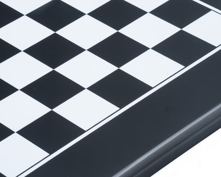 Close-up of 19.7 Inch Black and White Inlaid Chess Board by Italfama with lacquered wood finish.