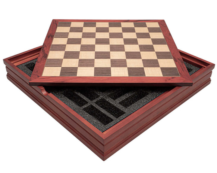 Italian handcrafted maple and walnut chess piece case and board with lift-off lid for storage, featuring 14.5-inch board and 1.57-inch squares.