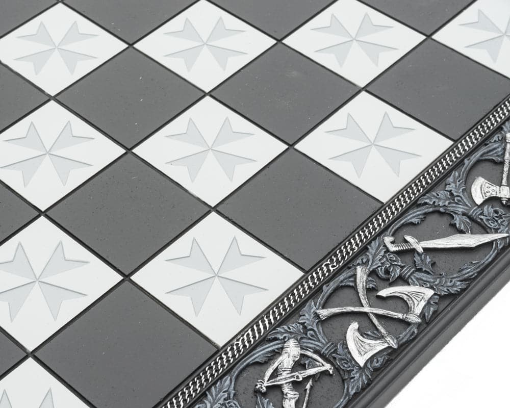 Hand-painted Templar chess board with medieval weapon designs on border, 17.7 inches, sculpted in Florence, Italy, solid resin board