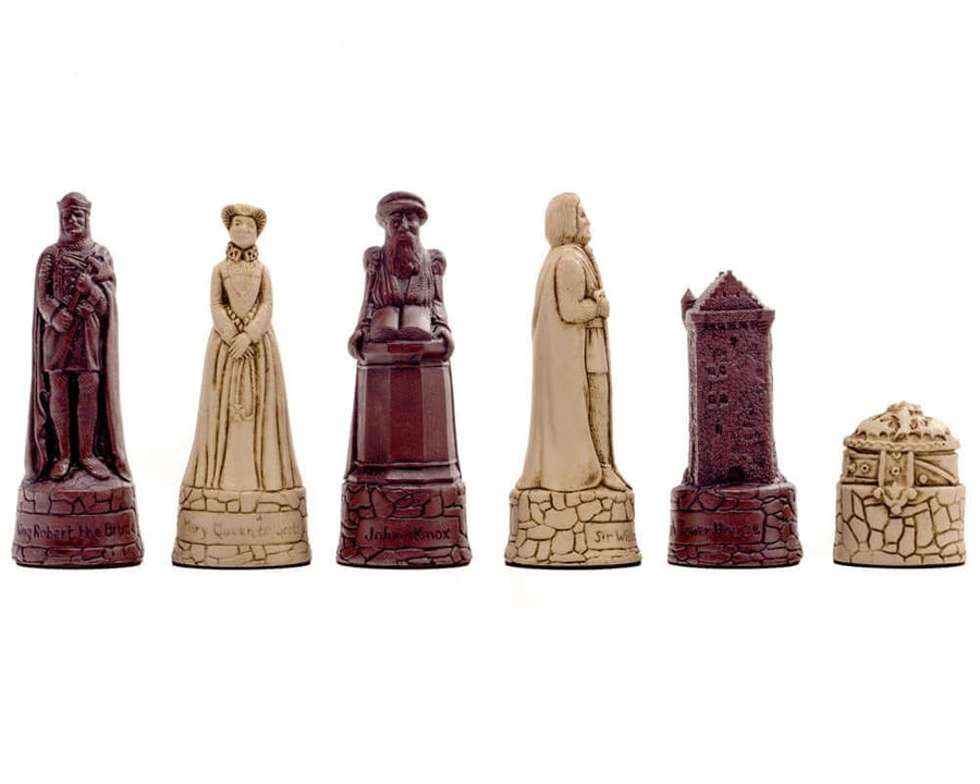 Berkeley Chess Scottish Russet Chess Men pieces featuring historical designs in deep russet and cream, crafted from solid crushed stone resin.