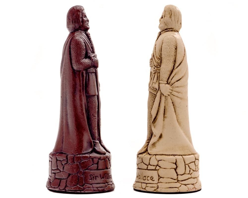 Berkeley Chess Scottish Russet Chess Men - intricately sculpted stone resin pieces with a deep russet and cream finish of historical Scottish figure.