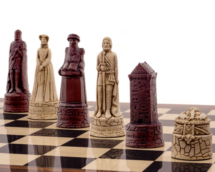 UK-made Berkeley Chess Scottish Russet Chess Men, detailed stone resin pieces, featuring unique historical Scottish designs.