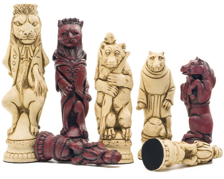 Handcrafted Berkeley Chess Reynard the Fox Cardinal Chess Men resin pieces displaying intricate detail and 7.6-inch towering King.