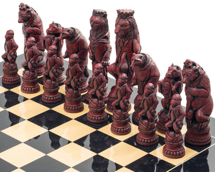 Berkeley Chess Reynard the Fox Cardinal Chess Men on board, hand crafted resin pieces with detailed designs, featuring a 7.6 inch King.