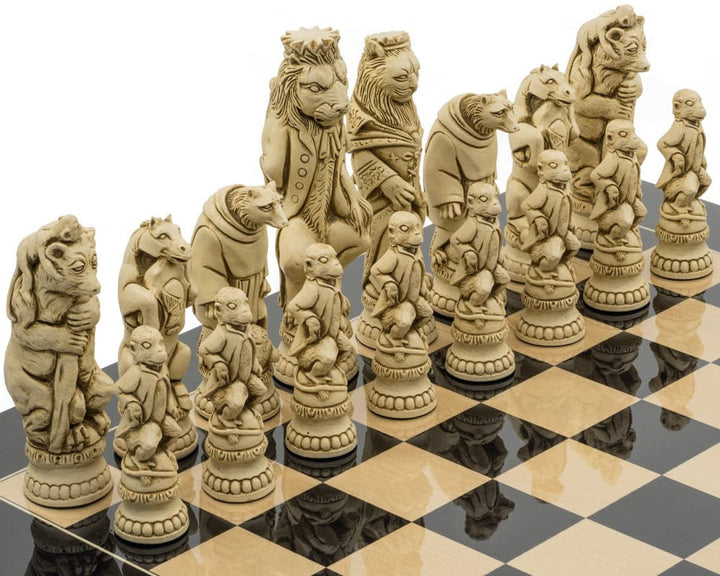 Handcrafted Berkeley Chess Reynard the Fox Cardinal Chess Men set on a chessboard, featuring detailed resin pieces and a 7.6 inch King.