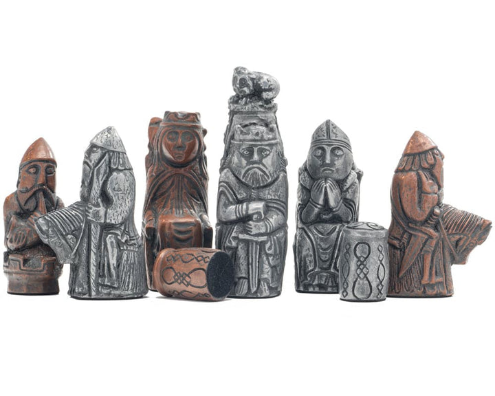 Berkeley Chess Medieval Metallic Chess Men with intricately detailed designs, handcrafted from solid crushed stone resin.