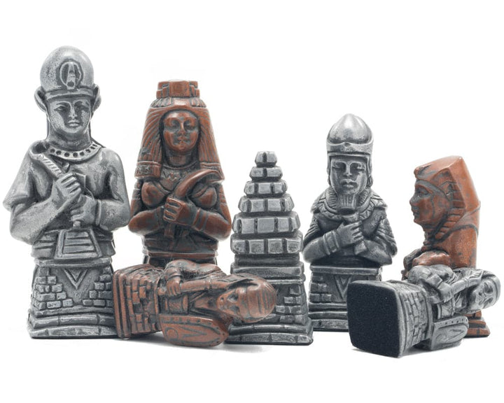 Intricately sculpted Berkeley Chess Egyptian Metallic Chess Men in silver and copper, showcasing historic designs and superior craftsmanship.