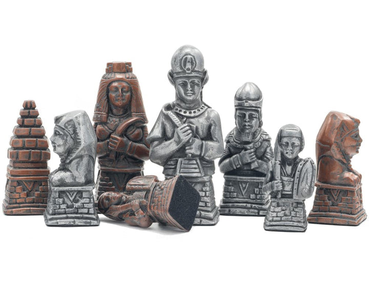 Berkeley Chess Egyptian Metallic Chess Men with silver and copper finish, intricately sculpted historic designs, featuring 3.75 inch King.