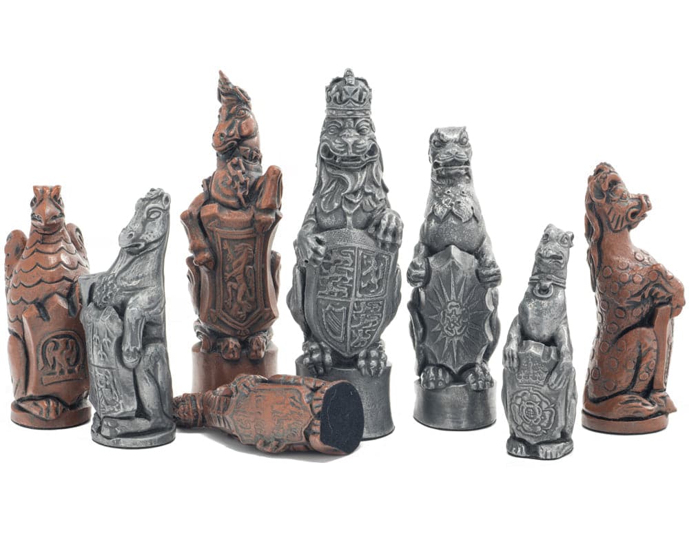 Berkeley Chess Royal Beast Metallic Chess Men with intricate UK-made designs and shimmering metallic finish.