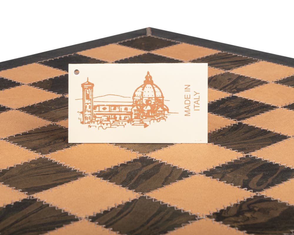 Close-up of Saluzzo 16.5 inch genuine leather chess board with "Made in Italy" tag by Italfama.