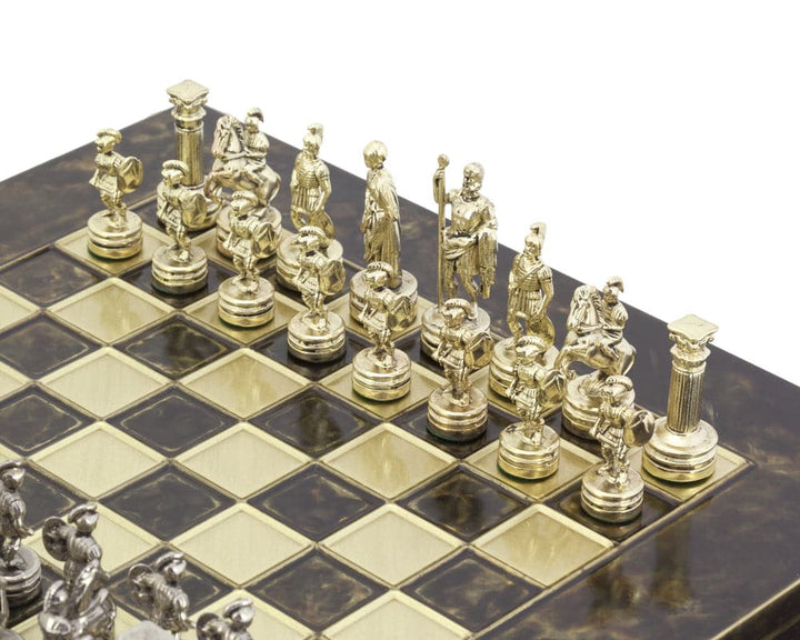 Greek Roman Army metal chess set on wooden board with intricate brass and nickel plated chess pieces.