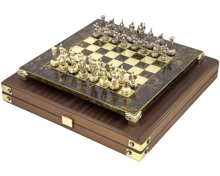 Manopoulos Greek Roman Army metal chess set with brass and nickel plated pieces on a wooden case.