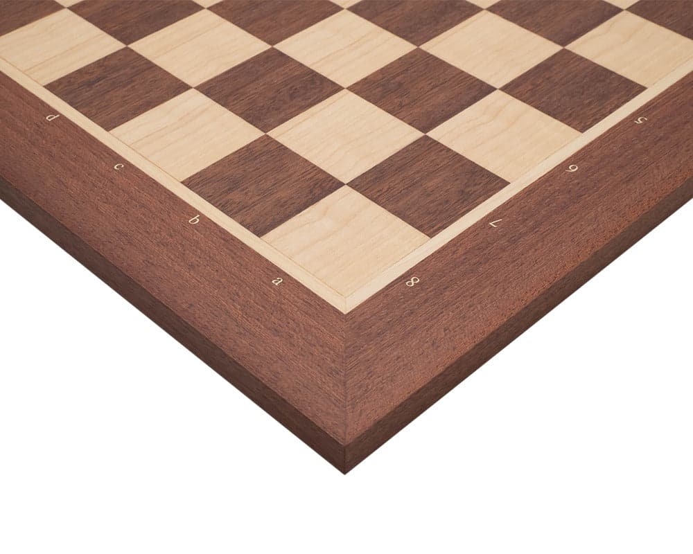 16 inch inlaid wooden chess board with notation, 1.55 inch playing squares, ideal for 3.25 inch king height, finely crafted mahogany veneer