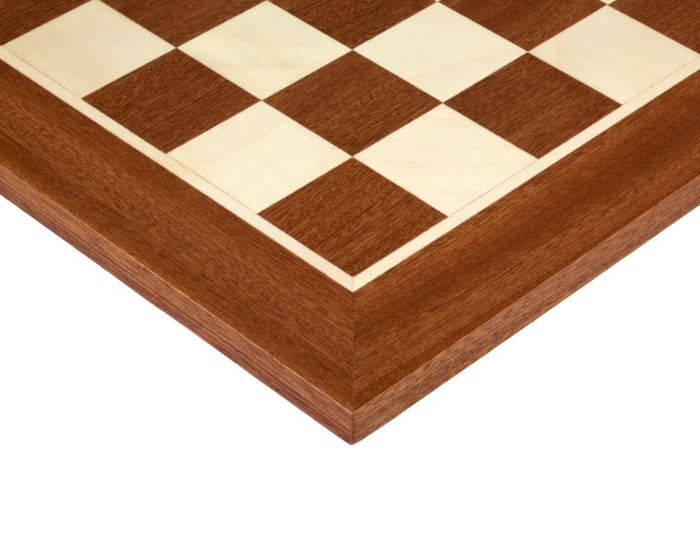 Finely inlaid 15.75 inch wooden chess board with 1.55 inch playing squares and luxurious veneer finish.