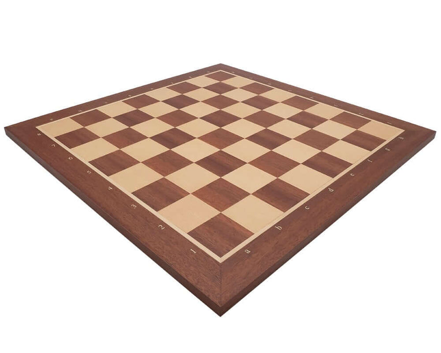 Beautifully crafted 19 inch inlaid mahogany chess board with 1.9 inch playing squares, ideal for king heights of 3.5 to 3.75 inches, made in Spain.