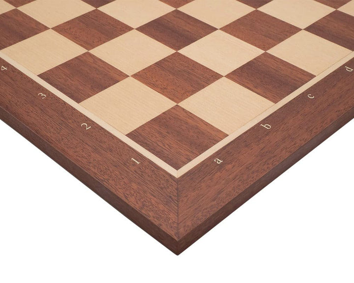 19-inch inlaid mahogany chess board with 1.9-inch playing squares, crafted in Spain. Ideal for 3.5 to 3.75-inch king height. High quality and luxurious.