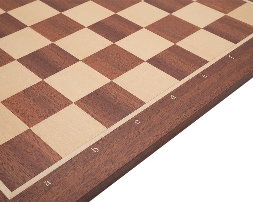 19 inch inlaid mahogany chess board with 1.9 inch playing squares, high-quality craftsmanship made in Spain, ideal for luxury chess play