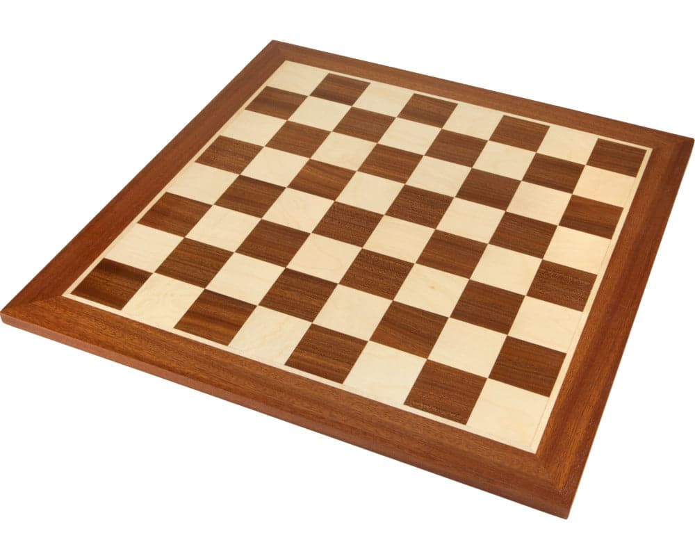 19 Inch inlaid mahogany chess board with 1.9 inch playing squares, handcrafted in Spain, ideal for luxury gameplay with a king height of 3.5 to 3.75 inches