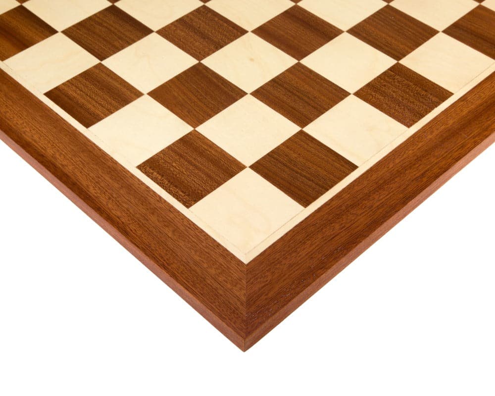 19 Inch inlaid mahogany chess board with 1.9 inch squares, crafted in Spain. Ideal for 3.5-3.75 inch king height.