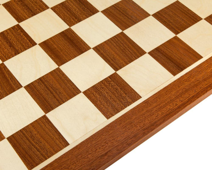 Close-up of a 19-inch inlaid mahogany chess board with 1.9-inch playing squares, beautifully crafted in Spain.