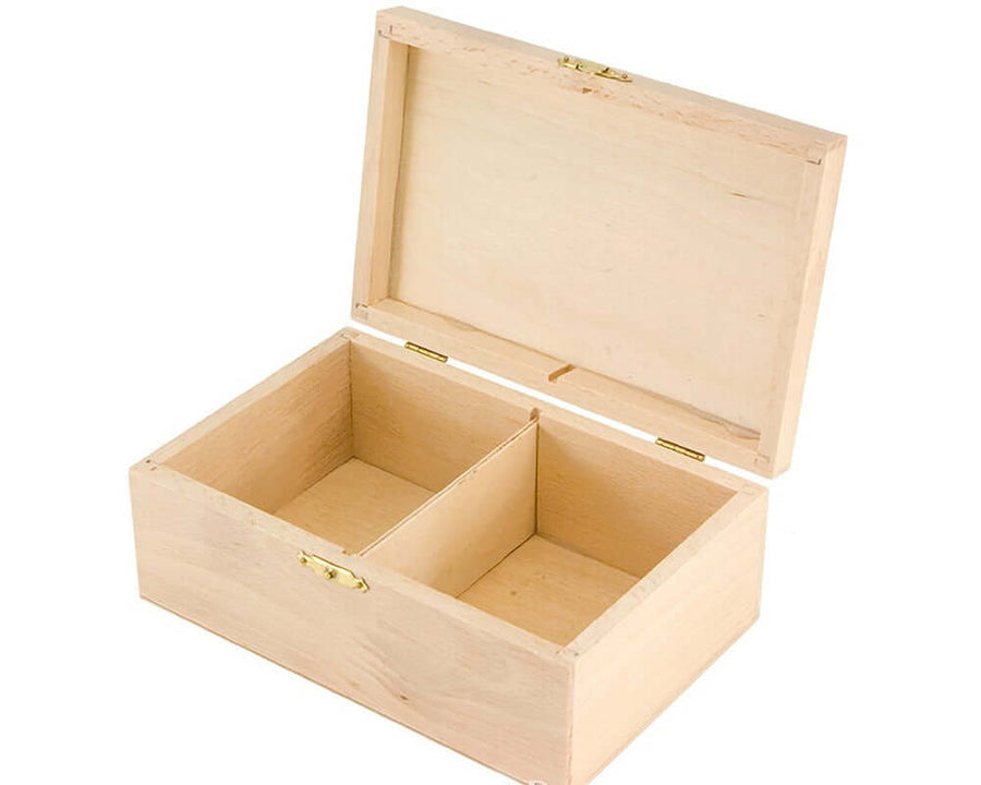 Birch wood chess piece case with open lid showing spacious compartments for storing chess men