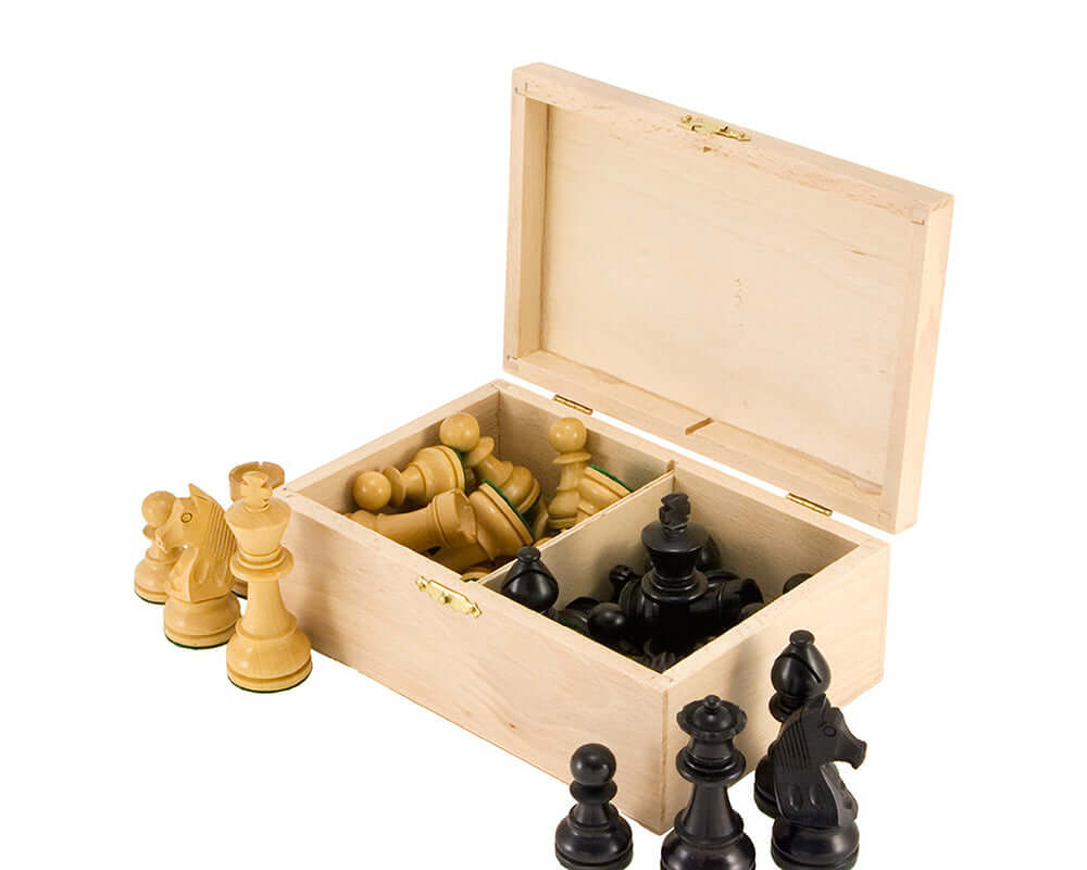 Birch wood chess piece case with black and white chess men, crafted in Europe, ideal for storing chess pieces up to 3.25 inches.