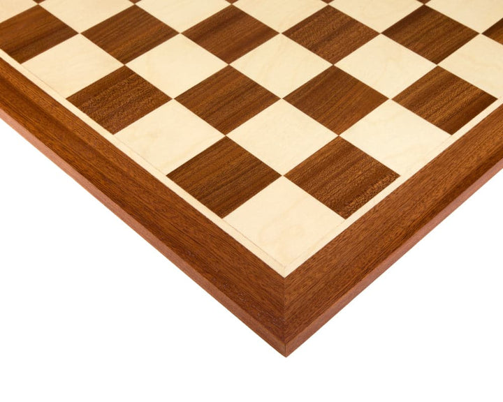 Close-up of 21.3 inch Mahogany and Birch inlaid chess board with 2.3 inch squares, showcasing fine craftsmanship and modern design.