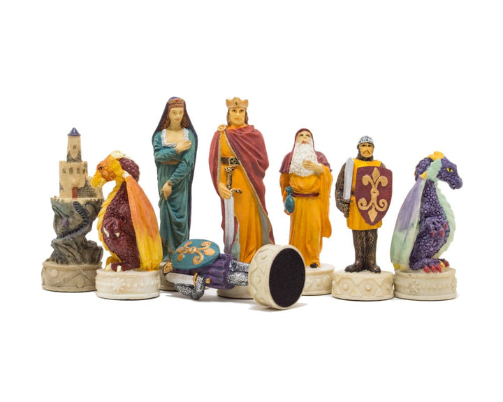 Medieval hand-painted themed chess pieces with exquisite detail by Italfama. Ideal for 16 inch board, in regal red and orange or blue and purple.