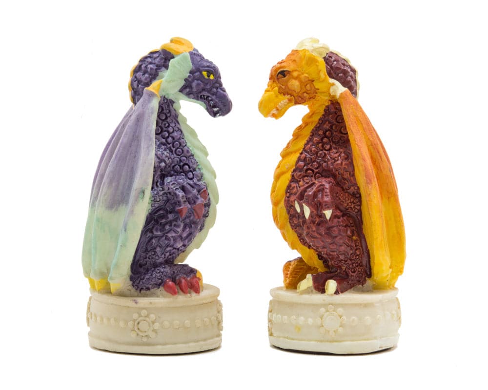 Hand-painted medieval-themed dragon chess pieces by Italfama in regal purple and orange, showcasing exquisite detail and craftsmanship.