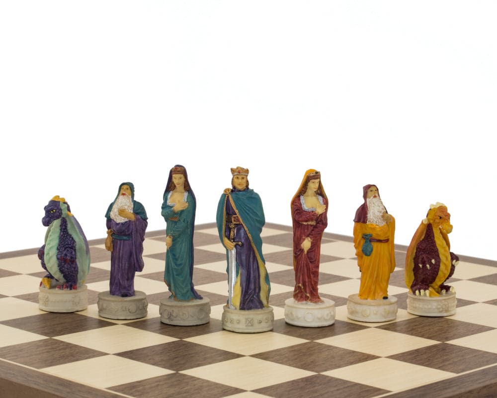 Medieval hand-painted themed chess pieces by Italfama on a chess board, featuring beautifully crafted figures with exquisite detail.