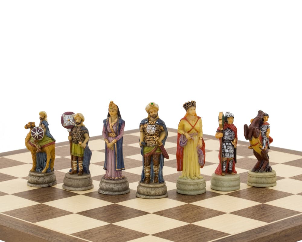 Hand-painted Romans vs Arabs themed chess pieces by Italfama, featuring intricate historical figures on a 16-inch board