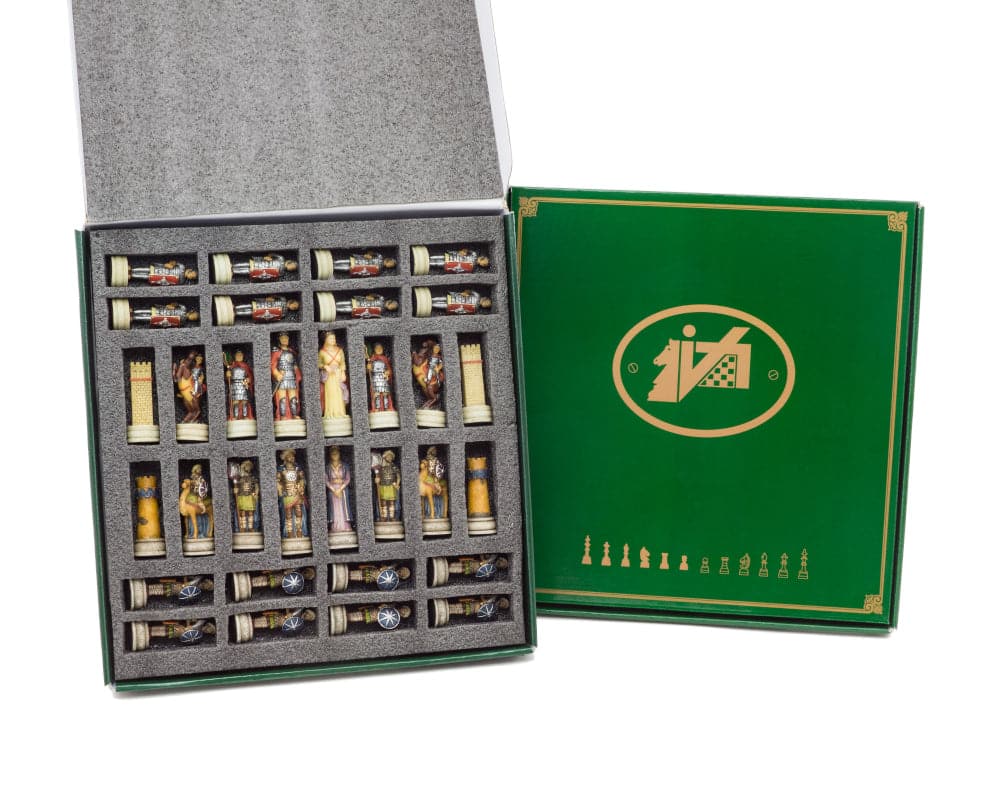 Hand painted Romans vs Arabs themed chess pieces set by Italfama with 3.25 inch king, displayed in a green packaging box.