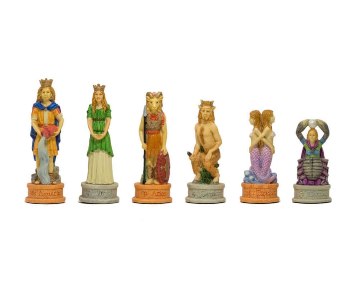 The Zodiac hand-painted Italian themed chess pieces by Italfama featuring Aquarius, Virgo, Leo, Aries, Gemini, and Cancer.