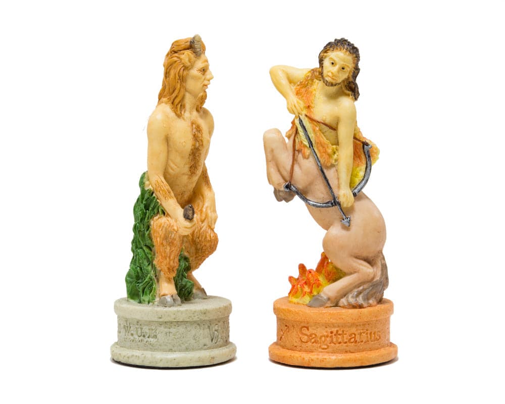 Hand painted Zodiac themed chess pieces by Italfama featuring Virgo and Sagittarius, exquisitely detailed and crafted in Italy.