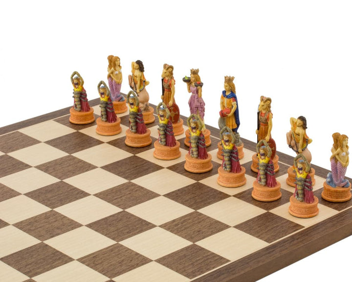 Hand painted Italian Zodiac themed chess pieces by Italfama on a 15.75 inch board, featuring intricate details and a 3.25 inch king