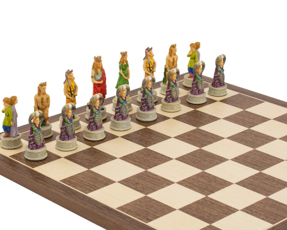 Zodiac-themed hand painted Italian chess pieces by Italfama on chessboard showcasing intricate craftsmanship and exquisite detail.