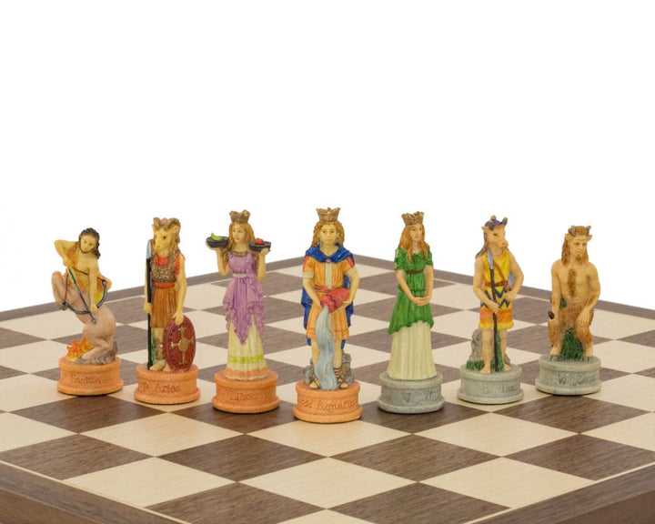 Hand painted Zodiac Italian themed chess pieces by Italfama on a chessboard, featuring intricate designs and vibrant colors.