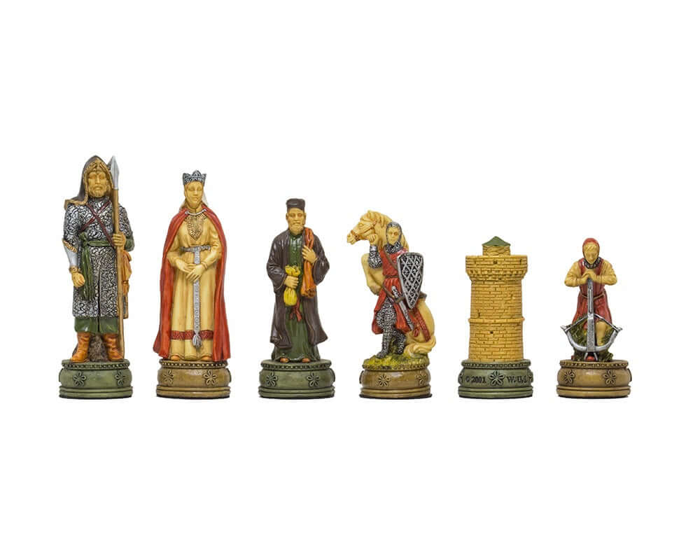 Camelot-themed hand-painted King Arthur chess pieces by Italfama, featuring intricately detailed medieval characters.