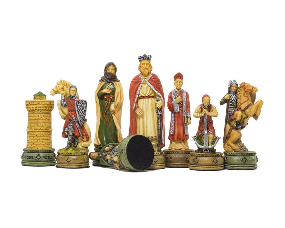 Hand-painted Camelot chess pieces by Italfama, depicting King Arthur and his court, crafted in Florence, Italy from intricately detailed resin.