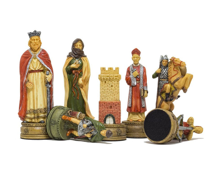 Hand-painted King Arthur themed chess pieces by Italfama, featuring intricately detailed resin chessmen, crafted in Florence, Italy.