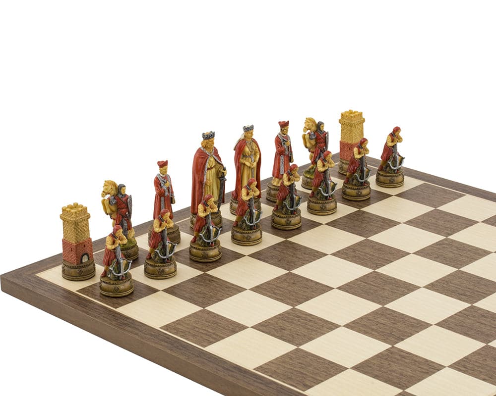 Hand-painted Camelot themed chess pieces by Italfama, featuring King Arthur and his court, crafted in Florence, Italy.