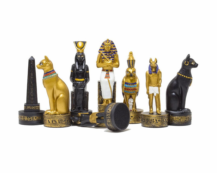 Ancient Egypt hand painted chess pieces by Italfama, featuring a 3.25 inch king and intricate gold and black designs, crafted in Italy.