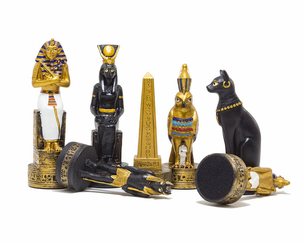 Hand painted Ancient Egypt themed chess pieces by Italfama featuring intricate gold and black designs.