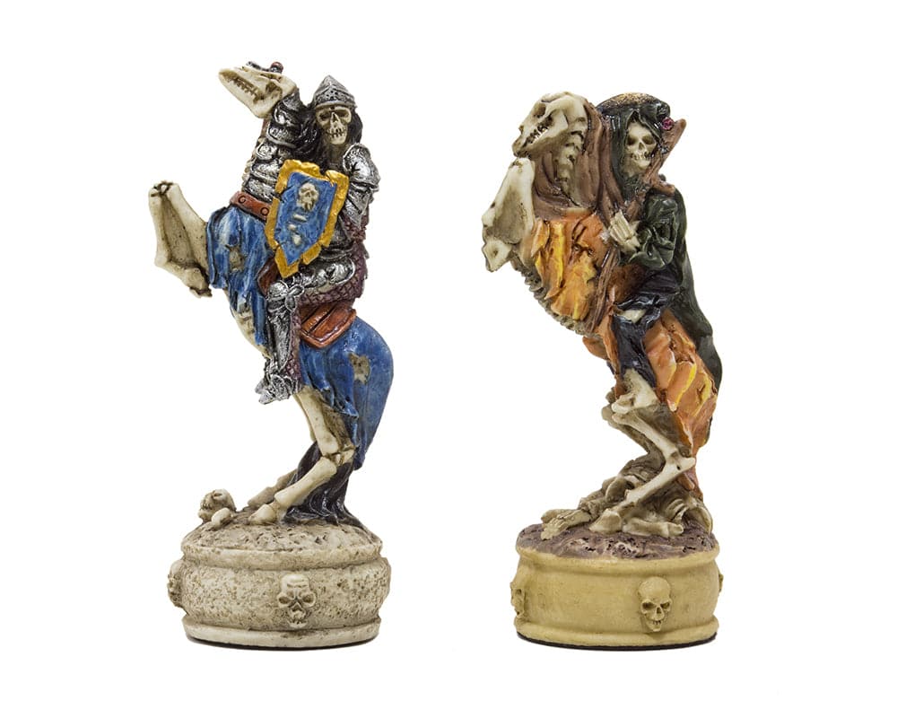 Hand-painted zombie-themed knight chess pieces by Italfama with intricate details in blue and orange color schemes.